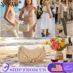 Bohemian Summer Straw Shoulder Bag with Ocean Shell, Starfish for Women Beach Vacation & Tropical Getaways Wrapped Handbags Ladies Handheld Crossbody Bags Totes mbzr