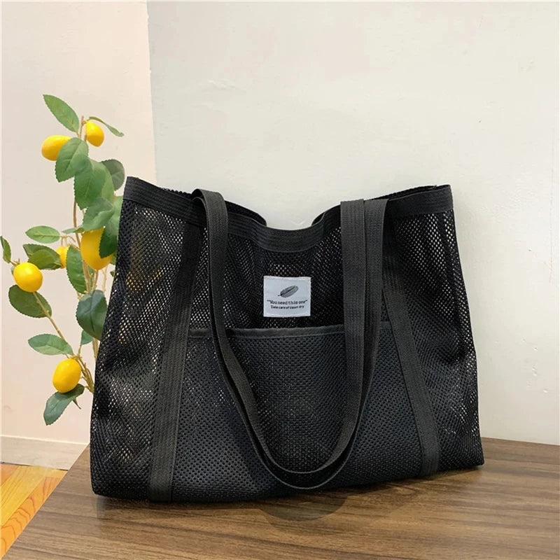 Women Transparent Mesh Net Shoulder Winder Bag Fashionable Portable Shopping Travel Beach Tote Handbag mbzr