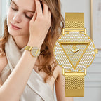 YaLaLuSi Geometric Triangle Rhinestone Ladies Wristwatch Full Paved Crystal Dial Gold Mesh Bracelet Quartz Fashion Women Dress Watch