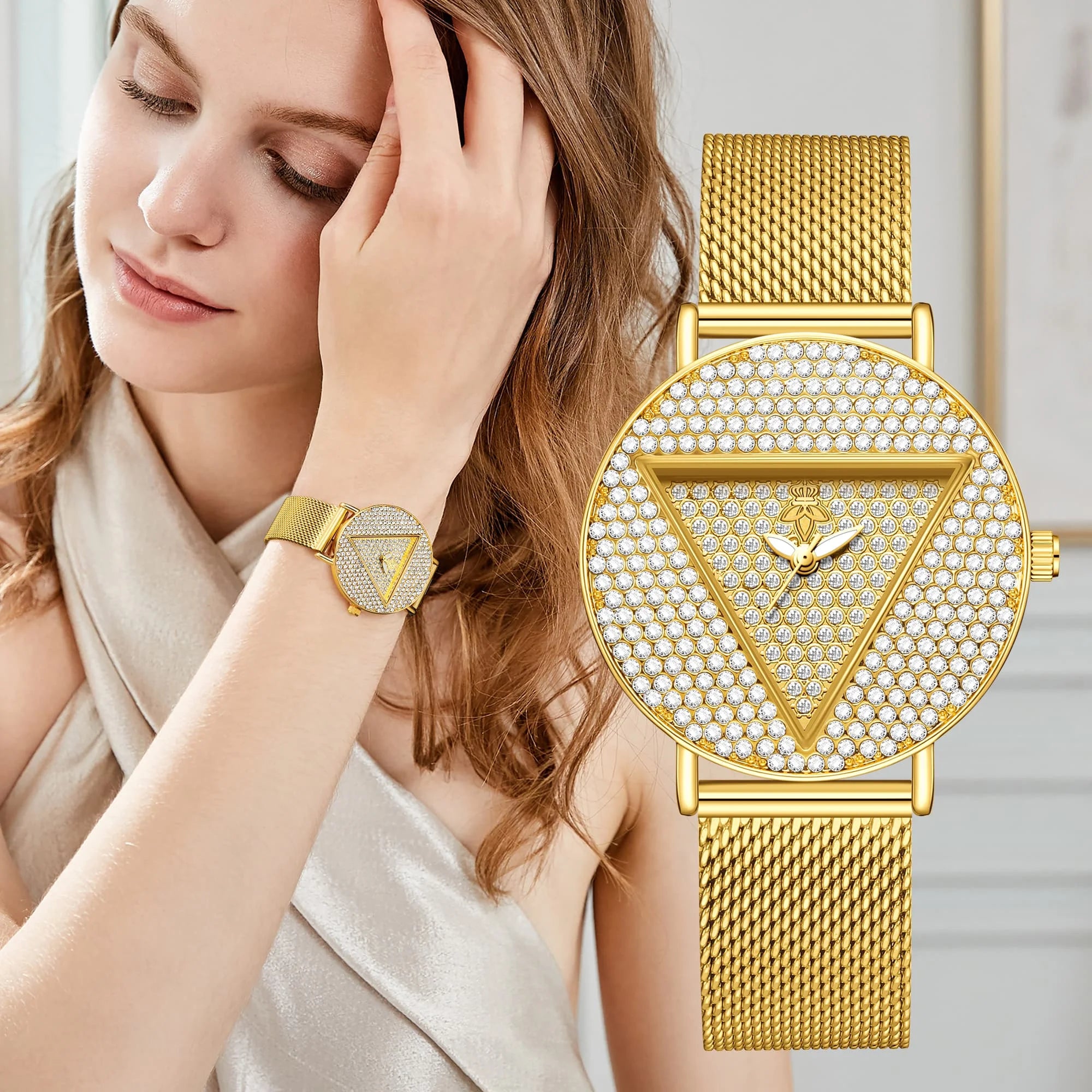YaLaLuSi Geometric Triangle Rhinestone Ladies Wristwatch Full Paved Crystal Dial Gold Mesh Bracelet Quartz Fashion Women Dress Watch
