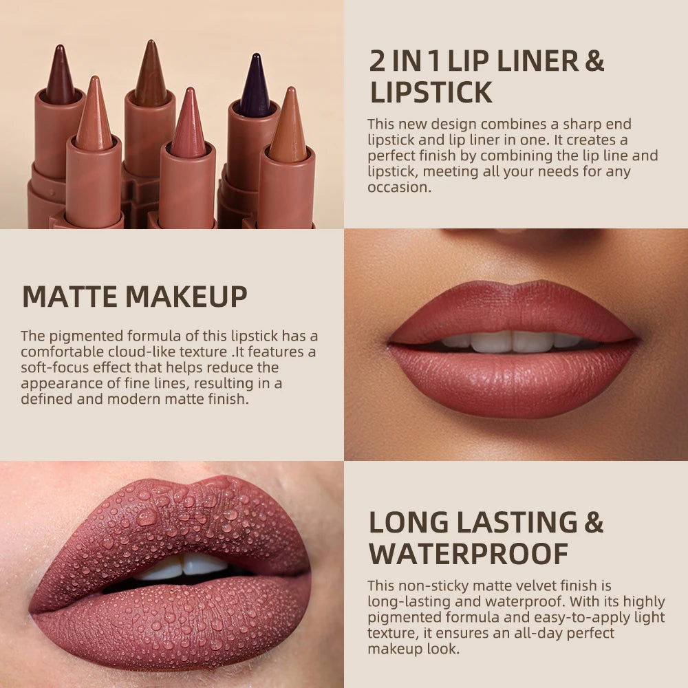 Liner Lipstick 6Colors Matte Black Brown Velvet Lipstick Waterproof Non Sticky Contouring Tint Lipliner Crayon Lip Makeup mbzr