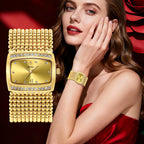 YaLaLuSi Multi Strand Gold Bead Mesh Ladies Watch Rectangle Crystal Bezel Black Dial Luxury Women Quartz Wristwatch Gift