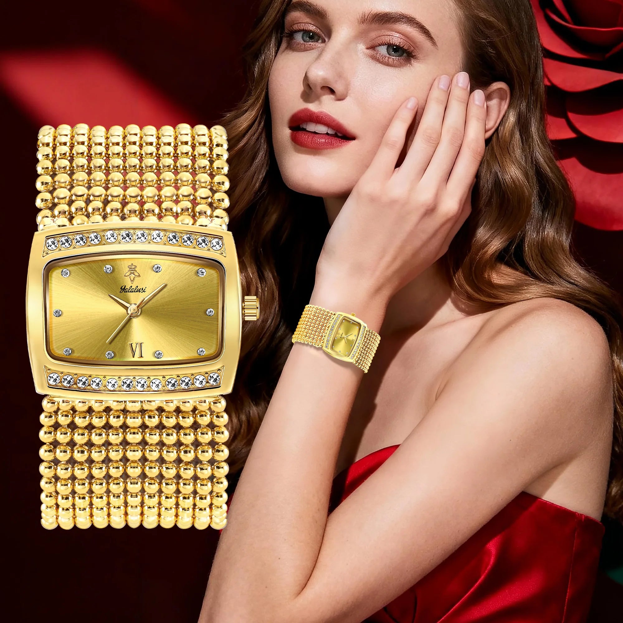 YaLaLuSi Multi Strand Gold Bead Mesh Ladies Watch Rectangle Crystal Bezel Black Dial Luxury Women Quartz Wristwatch Gift