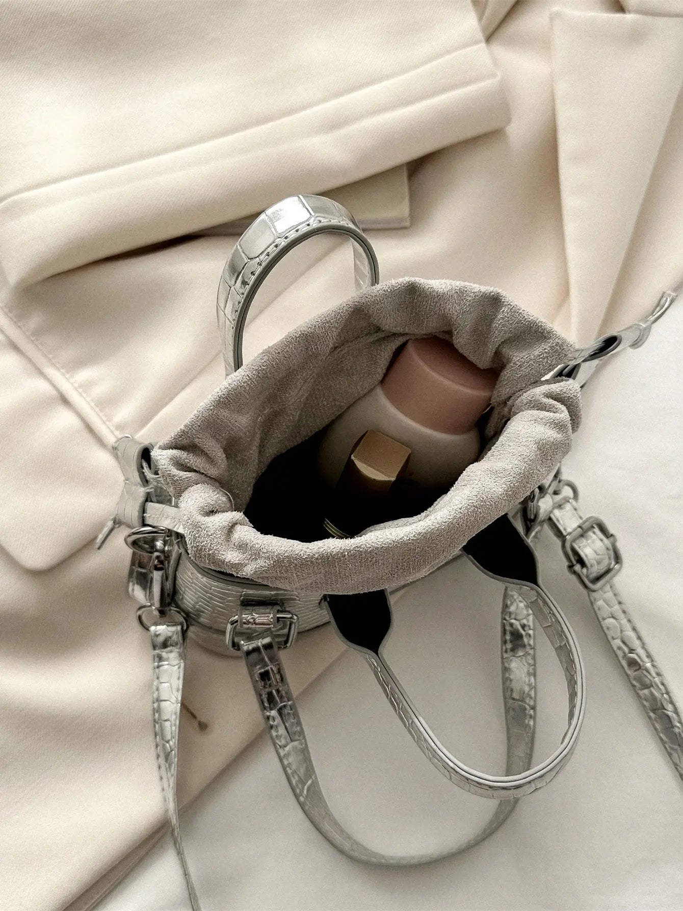 Mini Silver Croc-Embossed Top Handle Bag with Drawstring Closure