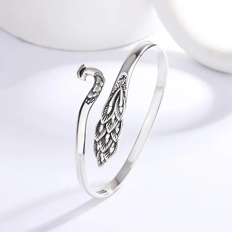 Ethnic Style Retro Thai Silver Exquisite Hollow Peacock 925 Sterling Silver Personality Animal Opening Antique Design Bracelets mbzr