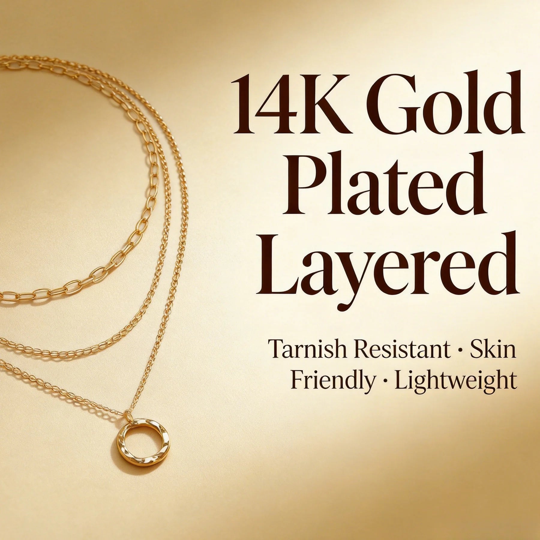 Multi‑Layer Gold Tone Zinc Alloy Necklace Textured Circle Pendant Daily Neckwear