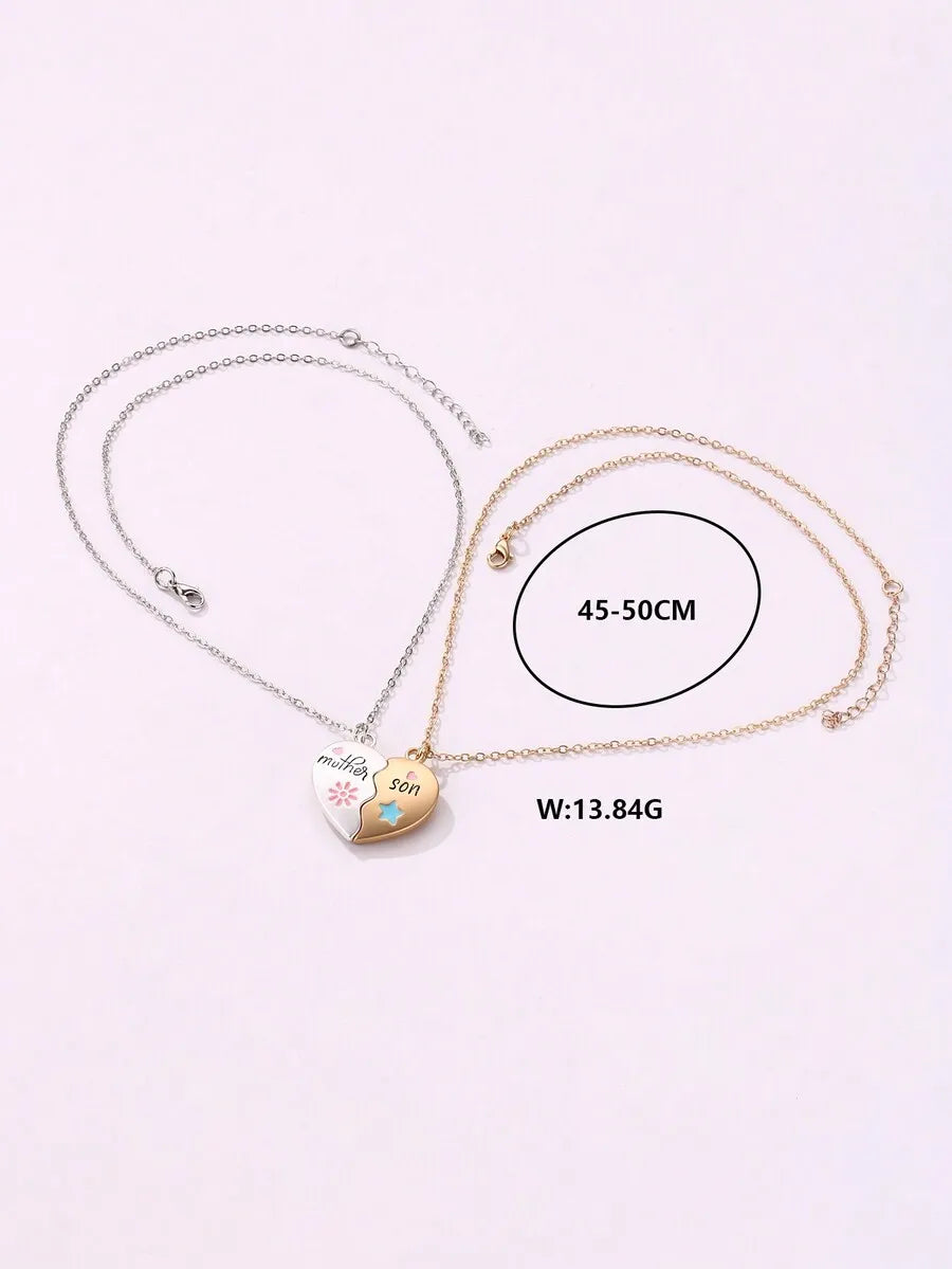 2pcs/Set Mother-Son Sun & Star Zinc Alloy Magnetic Necklace Gift Set For Mother's Day, Cute English Letter Print, Nickel Plated