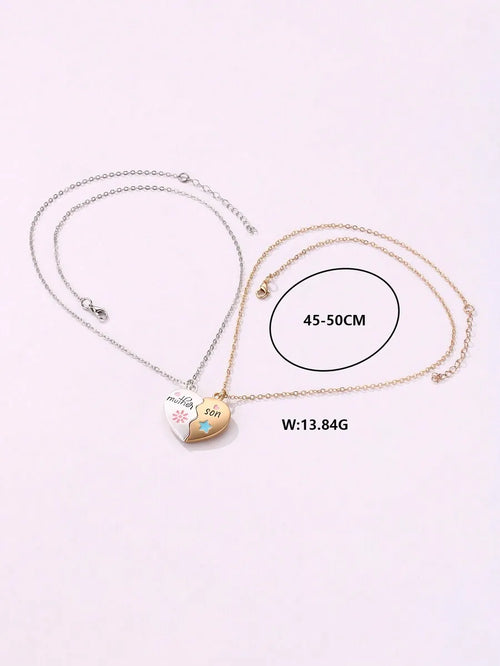 2pcs/Set Mother-Son Sun & Star Zinc Alloy Magnetic Necklace Gift Set For Mother's Day, Cute English Letter Print, Nickel Plated