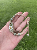 Ceramic Flower Charm Bracelet With Green Beads Adjustable Woven Design For Daily Wear mbzr