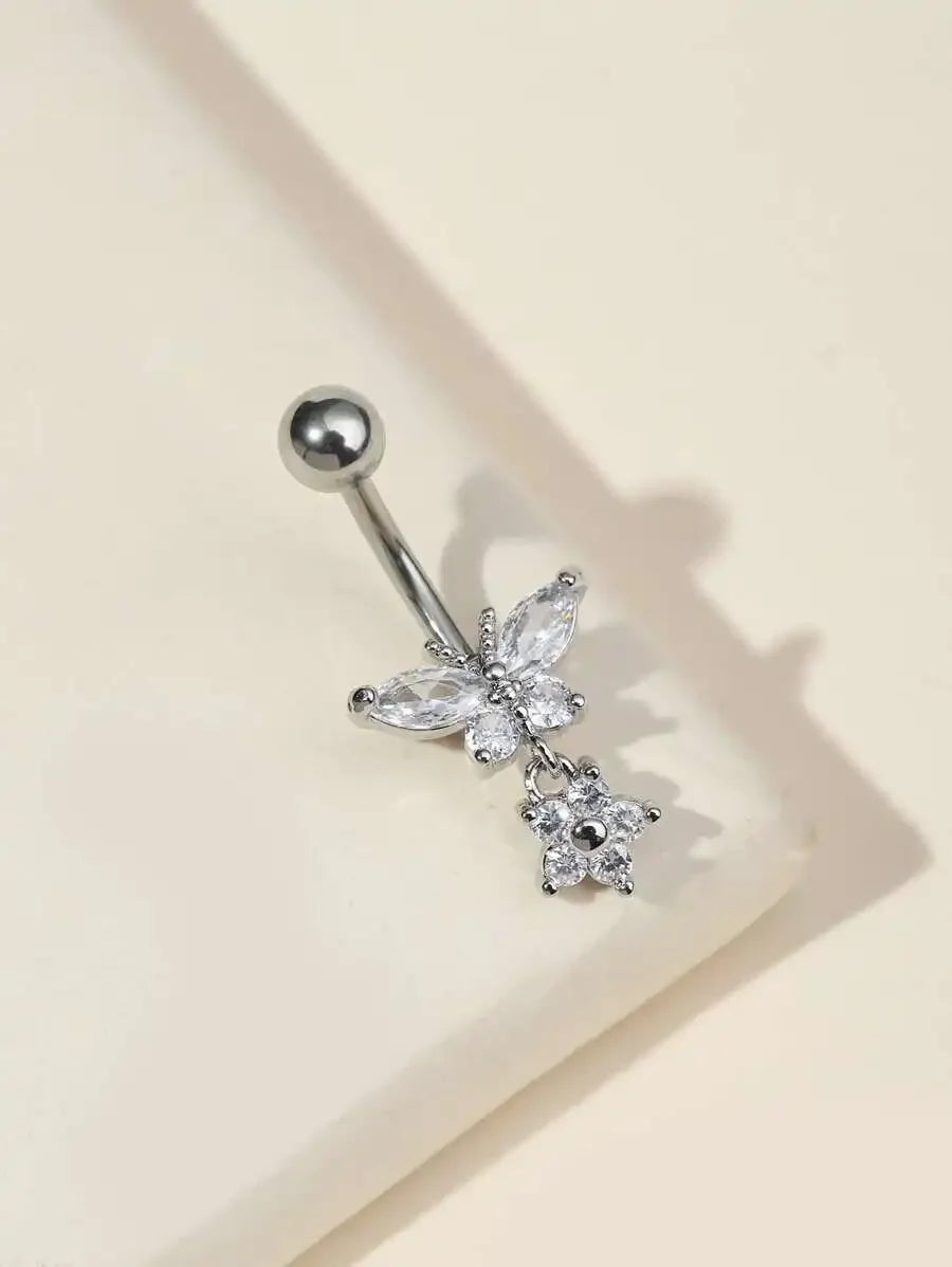 Rhinestone Butterfly Navel Belly Ring Stainless Steel Body Jewelry For Adults