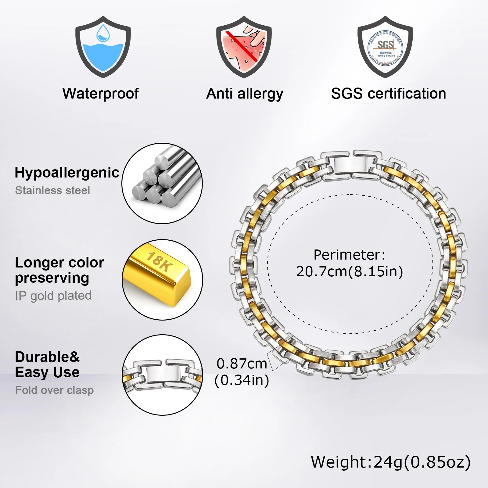 Vnox Trendy Strap Chain Bracelets For Men Boys Stainless Steel Links Thick Wtach Band Wristband Punk Hand Jewelry