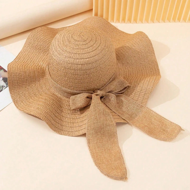 1pc Ladies' Khaki Wave Striped Bowknot Beach Hat, Boho Shell Hollow Elegant and Sun-Protected