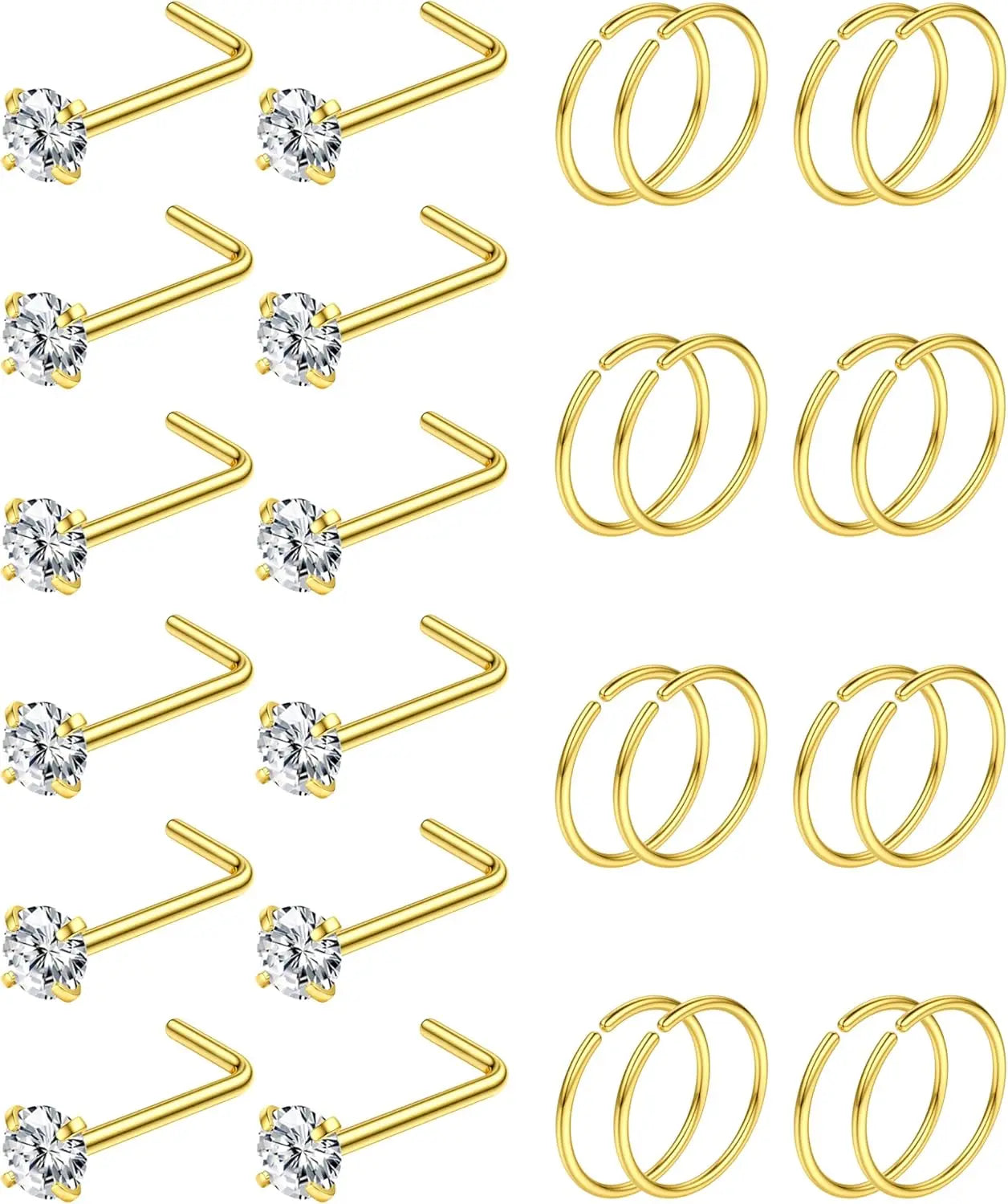 28PCS 316L Stainless Steel Nose Rings Hoops Studs for Women Men CZ L Shaped CZ Nose Stud Hoop Nostril Piercings Jewelry Set mbzr