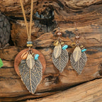 3 Pieces/set Bohemian Ethnic Style Carved Pattern Leaf Pendant Necklace Earrings Women's Retro Trendy Holiday Accessories Gift