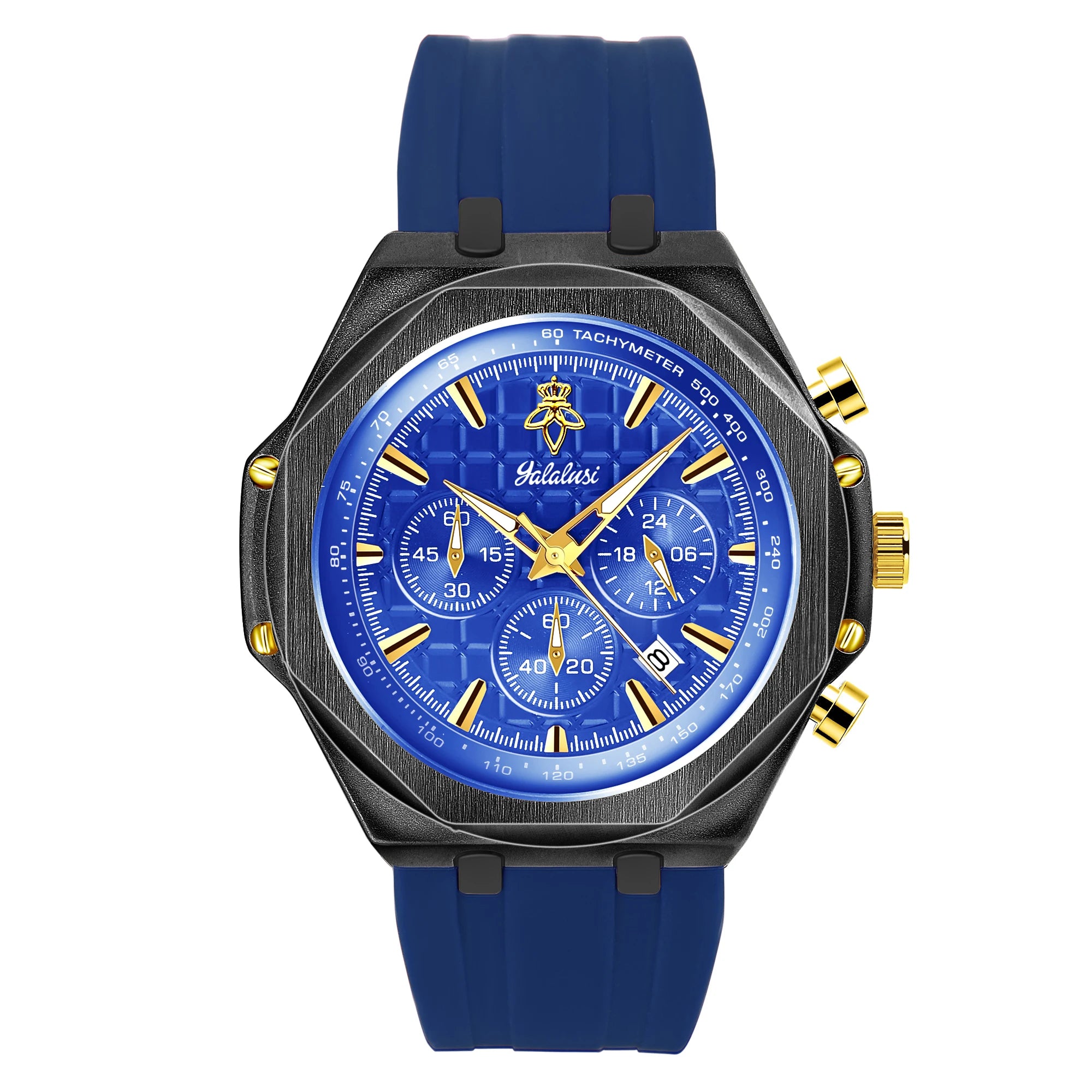 YaLaLuSi Octagon Gold Case Men Chronograph Watch Burgundy Red Grid Dial Silicone Strap Tachymeter Multi Sub Dial Date Waterproof Sports Quartz Wristwatch
