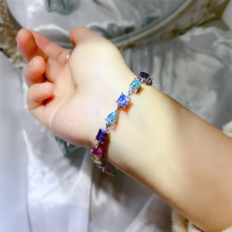 Luxury Rainbow Genuine Moissanite Tennis Bracelet S925 Sterling Silver Mixed Cut Heart Pear Round Square Gemstone Bracelet for Women Fine Jewelry Daily Wear Party Birthday Gift
