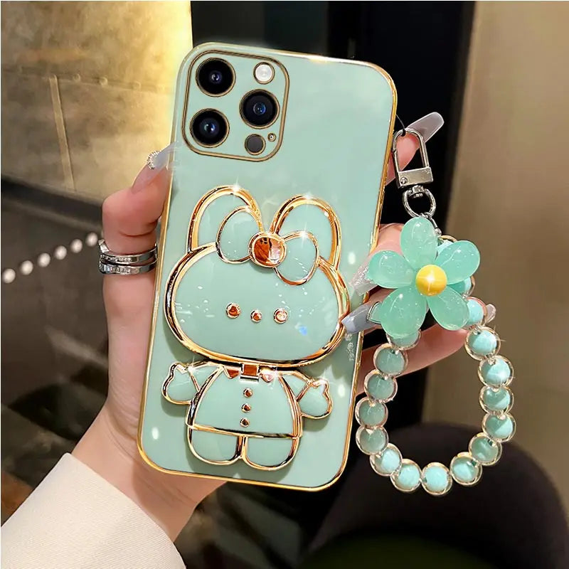 Mirror Rabbit Flower Strap Case For iPhone 14 13 12 11 Pro Max 13Pro 12Pro X XR Xs Max 6 7 8 Plus Stand Cover