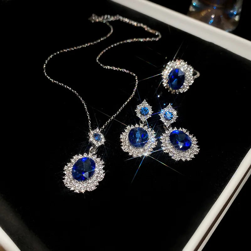 Medium Vintage Inlaid Rhinestone Three-piece Jewelry Set Oval Ring Earring Light Luxury Fashion Necklace Accessories Set mbzr