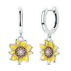 Sterling Silver Sunflower Hoop Earrings Yellow CZ Drop Women