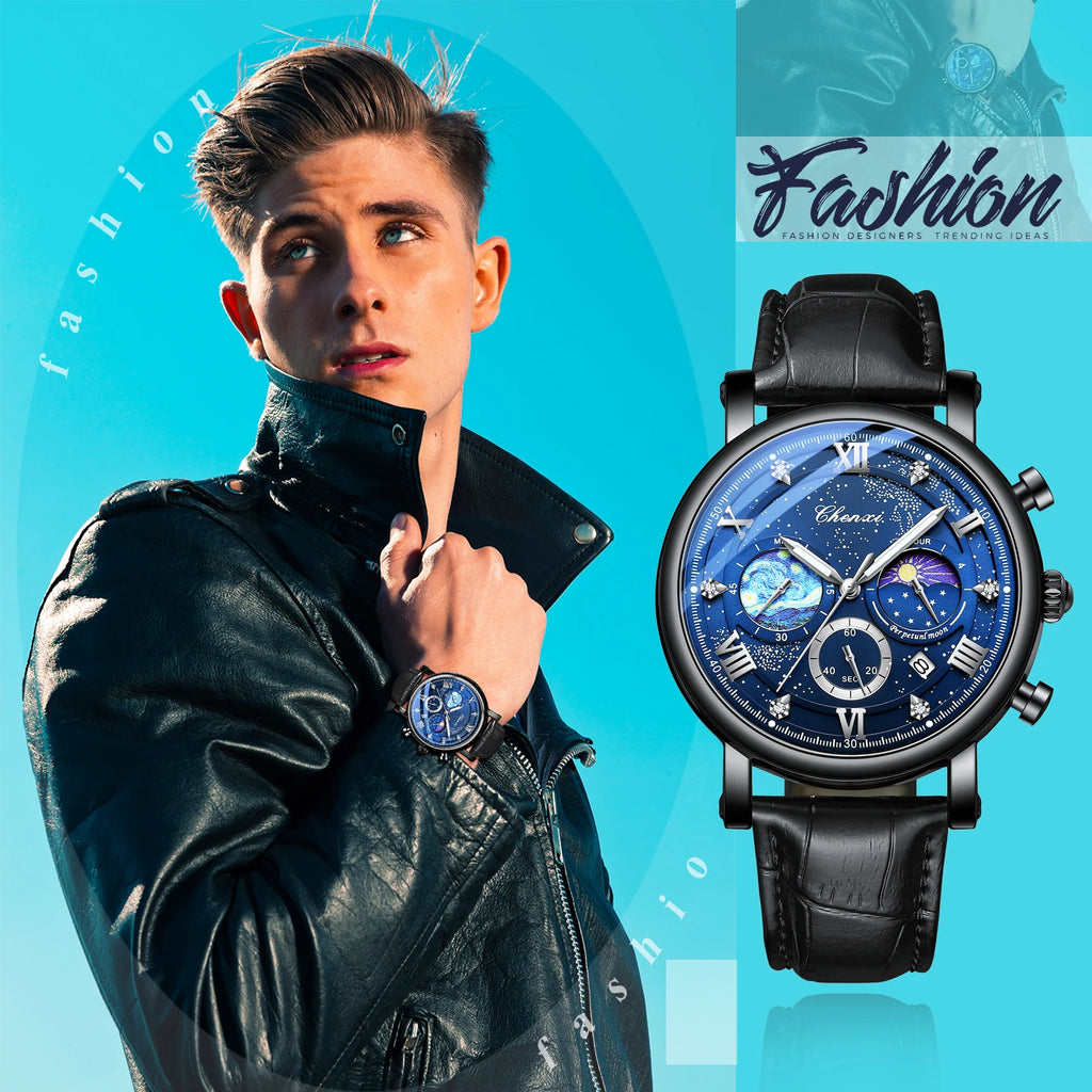 Men's quartz watch Leather strap waterproof watch Van Gogh Starry Sky decorated dial Chronograph Stopwatch Calendar available mbzr