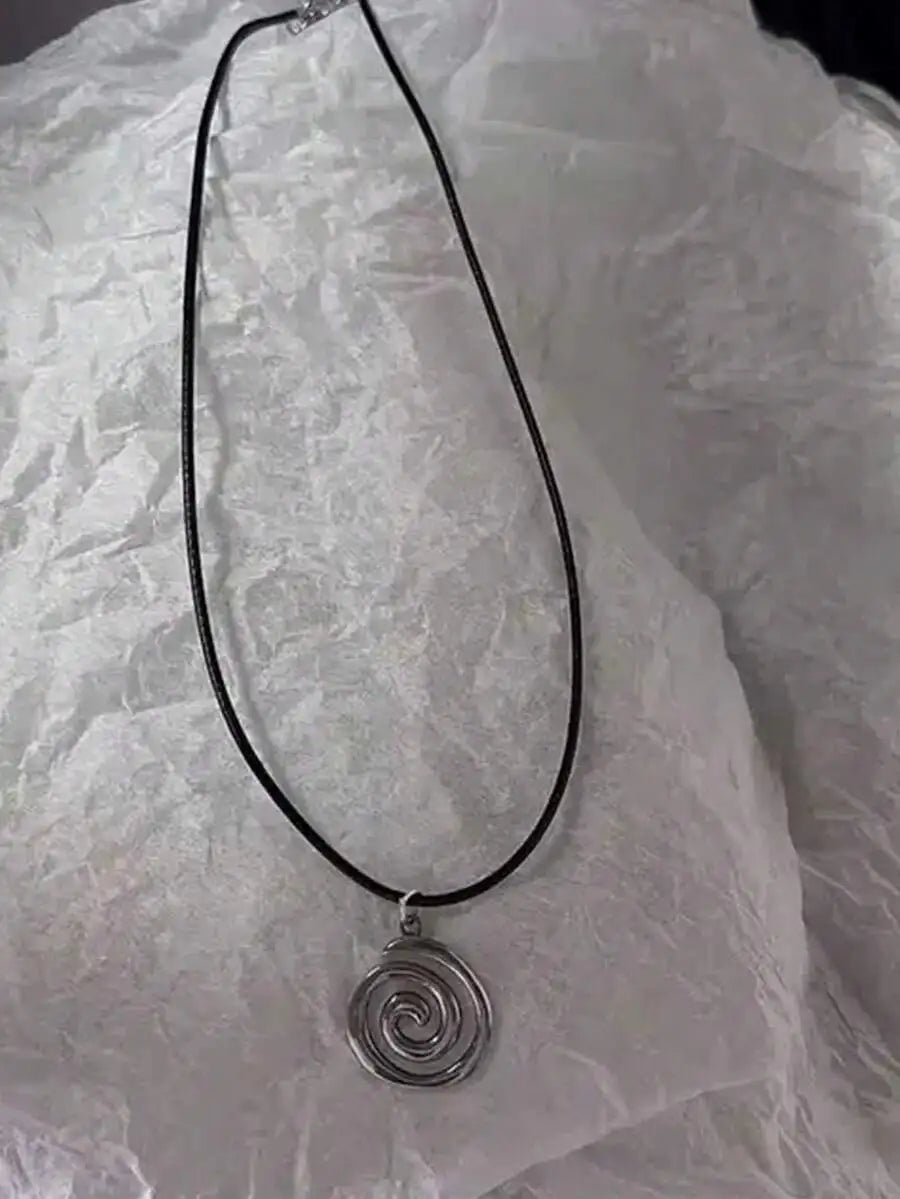 Y2K spiral swirl stainless steel pendant necklace unisex vintage handmade braided leather design