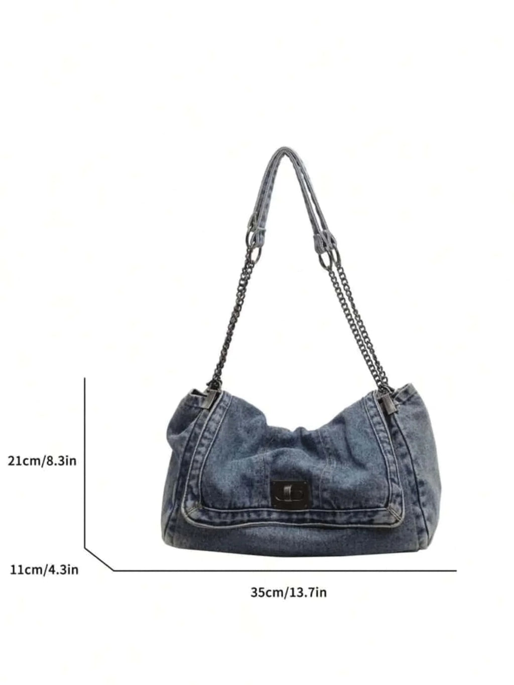 Classic Solid Retro Washed Denim Shoulder Bag, Quilted Stitch, Metal Chain, Large Capacity For Shopping & Daily Outings.Y2k