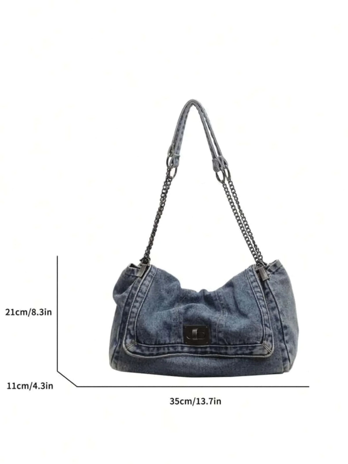 Classic Solid Retro Washed Denim Shoulder Bag, Quilted Stitch, Metal Chain, Large Capacity For Shopping & Daily Outings.Y2k