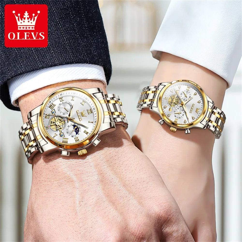 OLEVS Quartz Couple Watch Luxury Brand Waterproof Lunar Phase Timing Code Watch Elegant and Romantic Lover His  Her Couple Watch mbzr