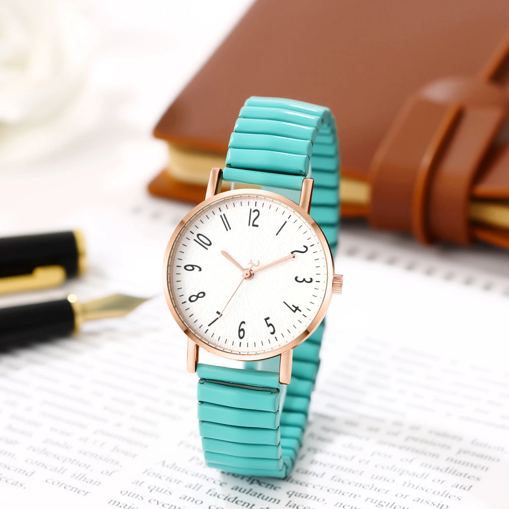 Women's Elastic Band Watch Easy Reader Large Face Arabic Numerals Analog Quartz Wristwatch Stainless Steel Stretch Bracelet Watch mbzr