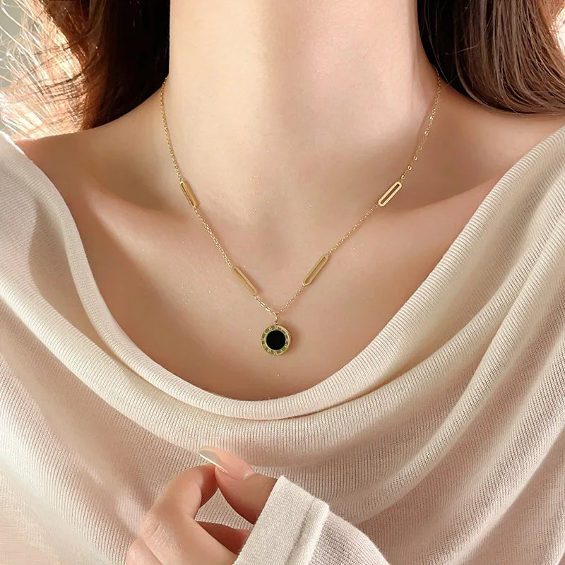 Roman Numeral Round Pendant Jewelry Set For Women, Stainless Steel Necklace Bracelet Hoop Earrings Set, Waterproof Hypoallergenic Non-Tarnish Black Acrylic Fashion Jewellery Gift