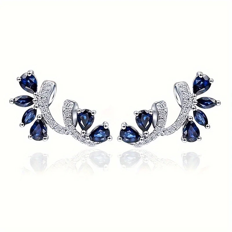 Dainty Silver Color Blue Crystal Feather Ear Climbers Trendy Pear Cut Zirconia Crawler Earrings Daily Wear Fine Jewelry Anniversary Gift