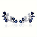 Dainty Silver Color Blue Crystal Feather Ear Climbers Trendy Pear Cut Zirconia Crawler Earrings Daily Wear Fine Jewelry Anniversary Gift