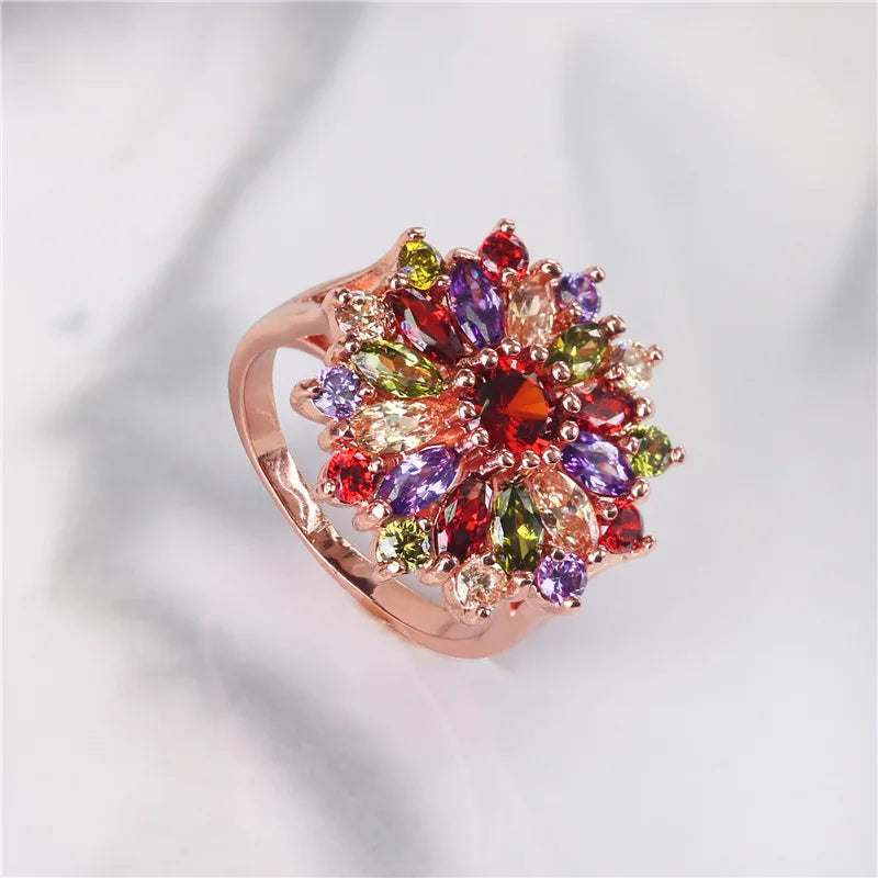 Rose Gold Diamond Rainbow Ring Silver Retro Fine Jewelry