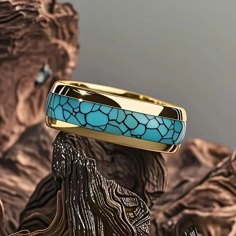 Fashion men's and women's titanium steel gold-plated imitation turquoise inlaid wedding ring, using 316L stainless steel single ring design, Christmas, Valentine's Day, Father's Day and Mother's Day gifts