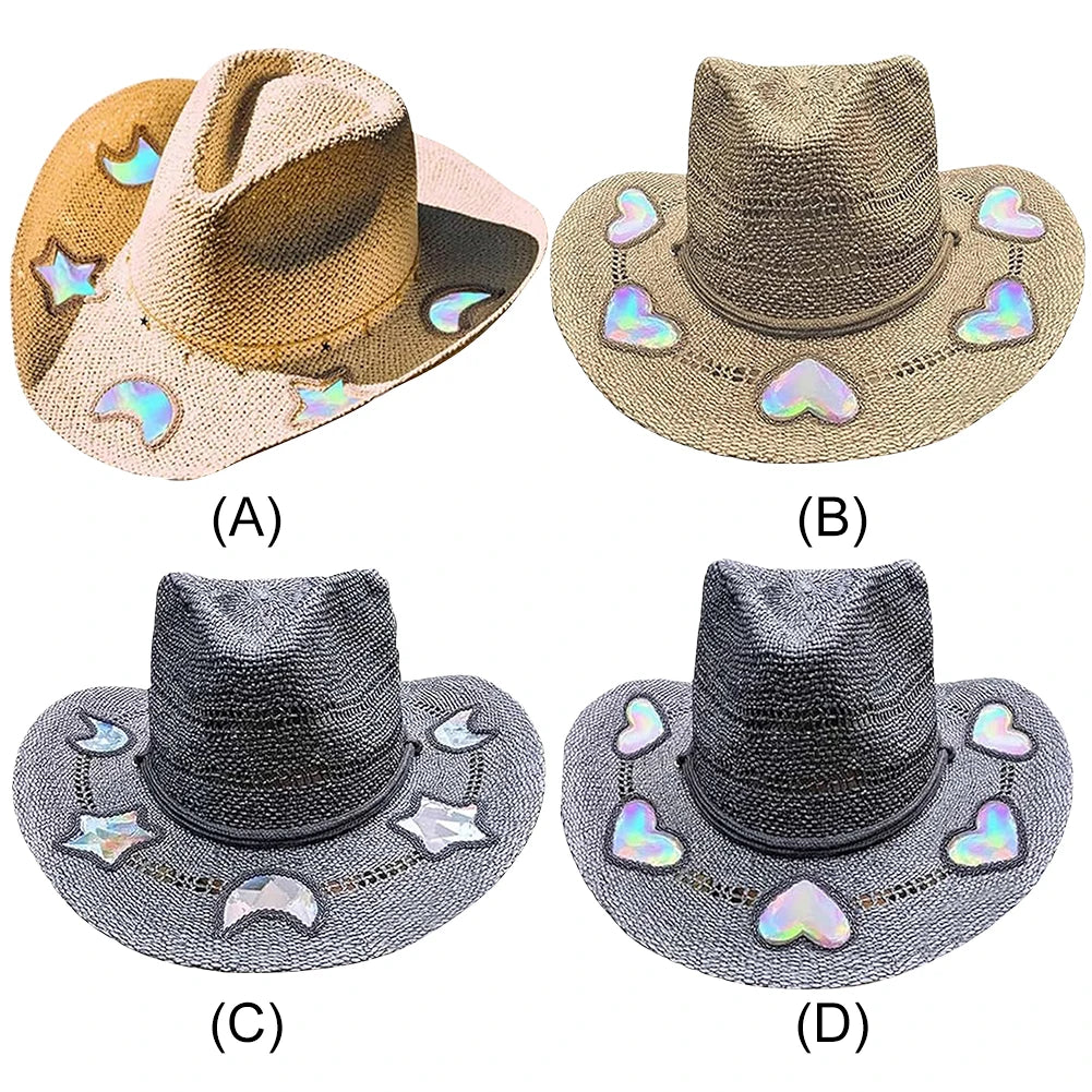 Straw Beach Sun Hat Cowgirl Hat Shaped Vintage Summer Woven Sun Hat