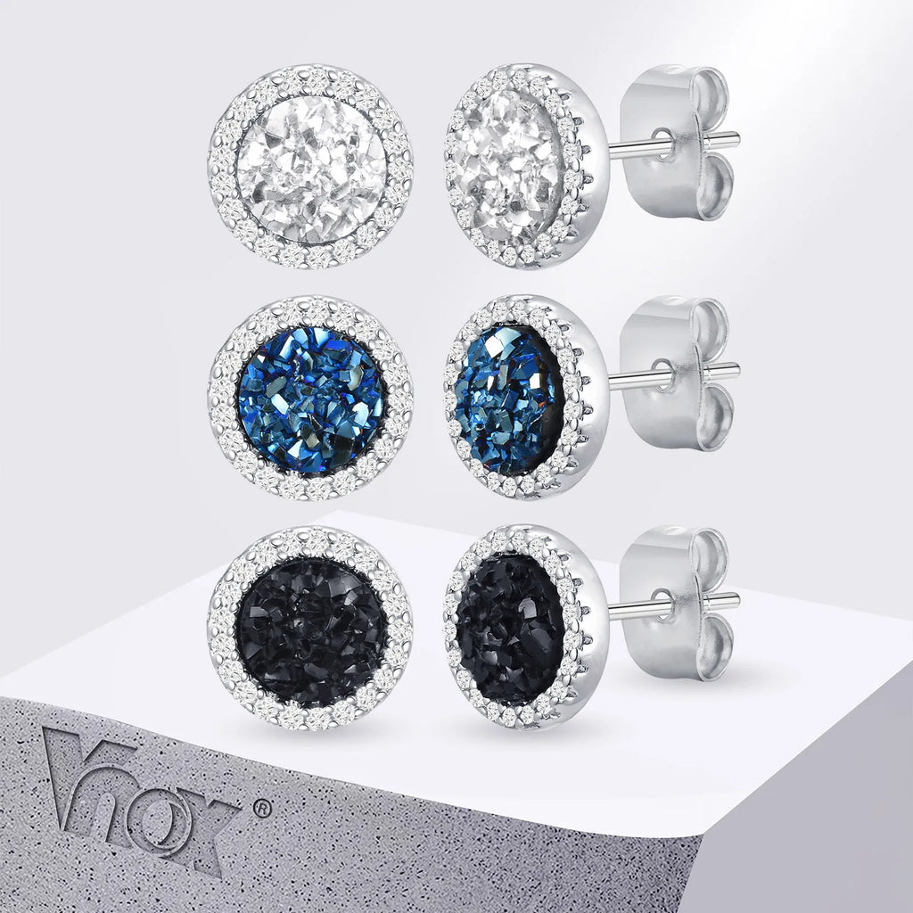 Vnox Black Crystal Round Circle Earrings for Men, Full Blue CZ Stone Ring Stud Earrings, Gothic Simple Piercing Ear Jewelry