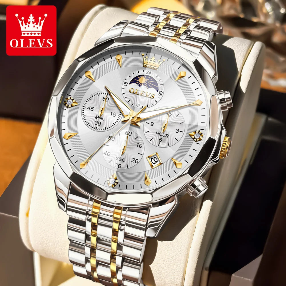 OLEVS 3673 Original Fashion Moon Phase Men's Watches Waterproof Chronograph Quartz Watch Stainless steel Calendar Wristwatch mbzr