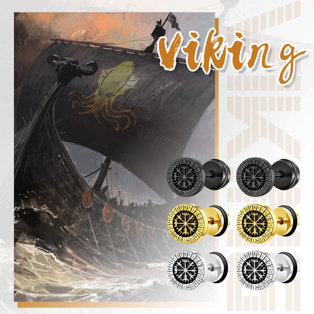 BONISKISS Men's Viking stainless steel earrings Nordic style compass rune embellished punk earrings set jewelry gift