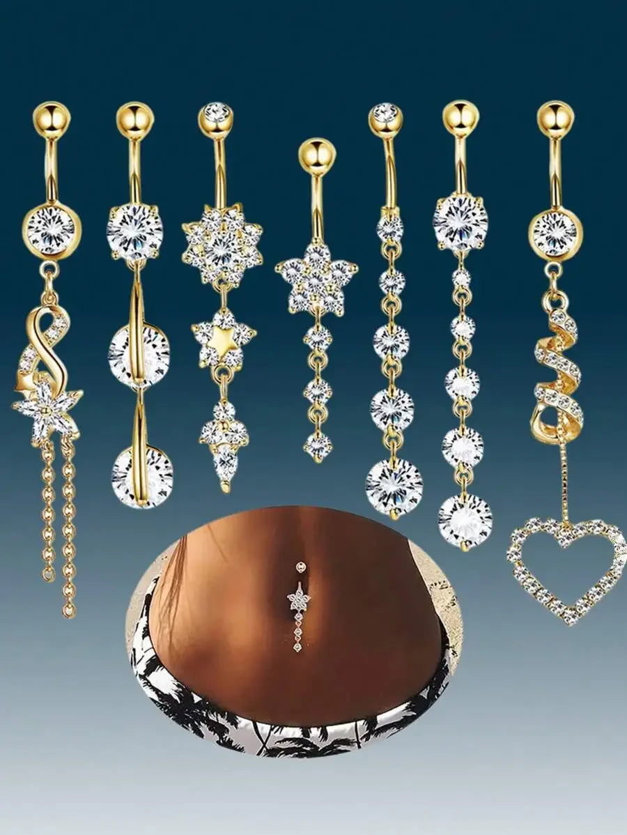 7pcs 316L Stainless Steel Navel Piercing Rings With CZ-Encrusted Floral, Heart, Spiral, And Chain Dangle Charms For Women mbzr