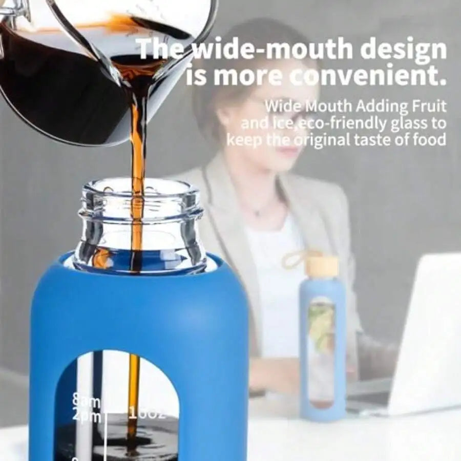 18 OZ Glass Water Bottles With Time Marker For Offices And Gyms Blue Leakproof Glass Bottles With Silicone Sleeves mbzr
