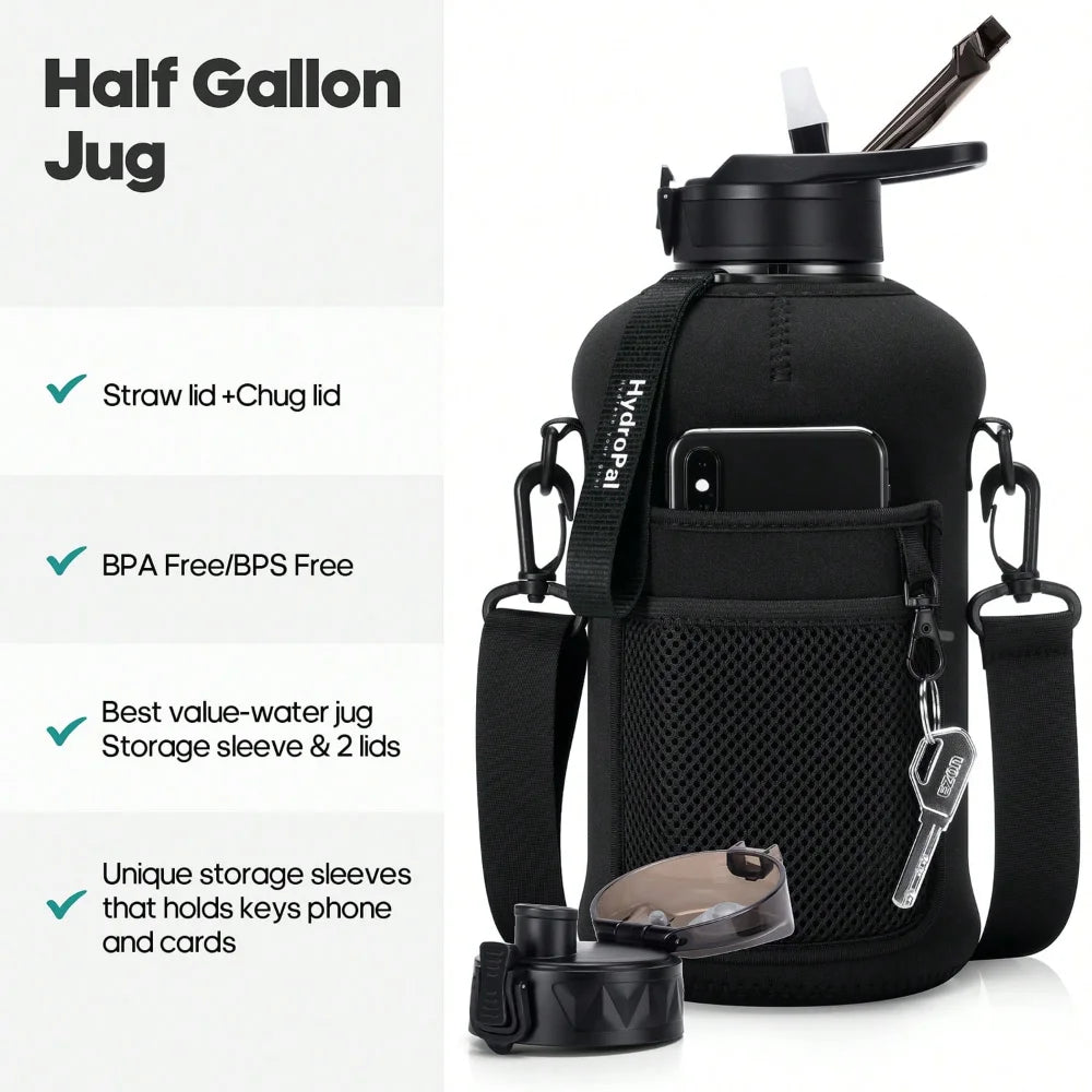UKEIN Half Gallon Water Bottle With Storage Sleeve, 74oz Large Water Bottle With 2 Lids(Straw Lid And Chug Lid), Big Sports Wate mbzr
