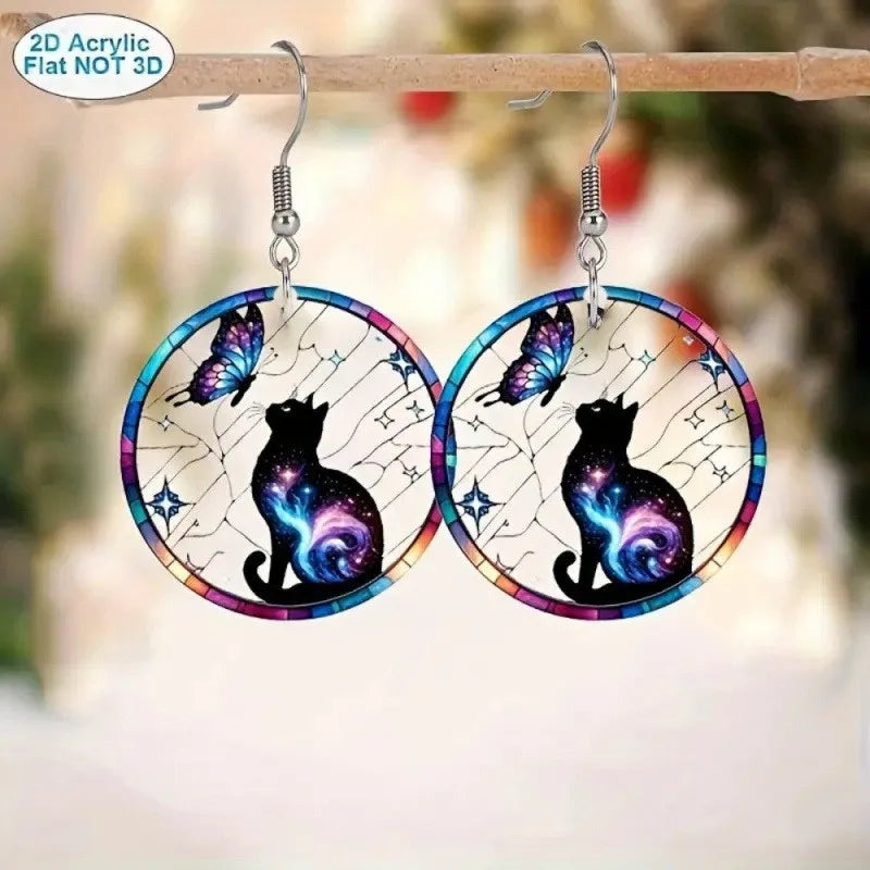 1 pair of Van Gogh starry sky pattern acrylic earrings, moon black cat unique ladies earrings