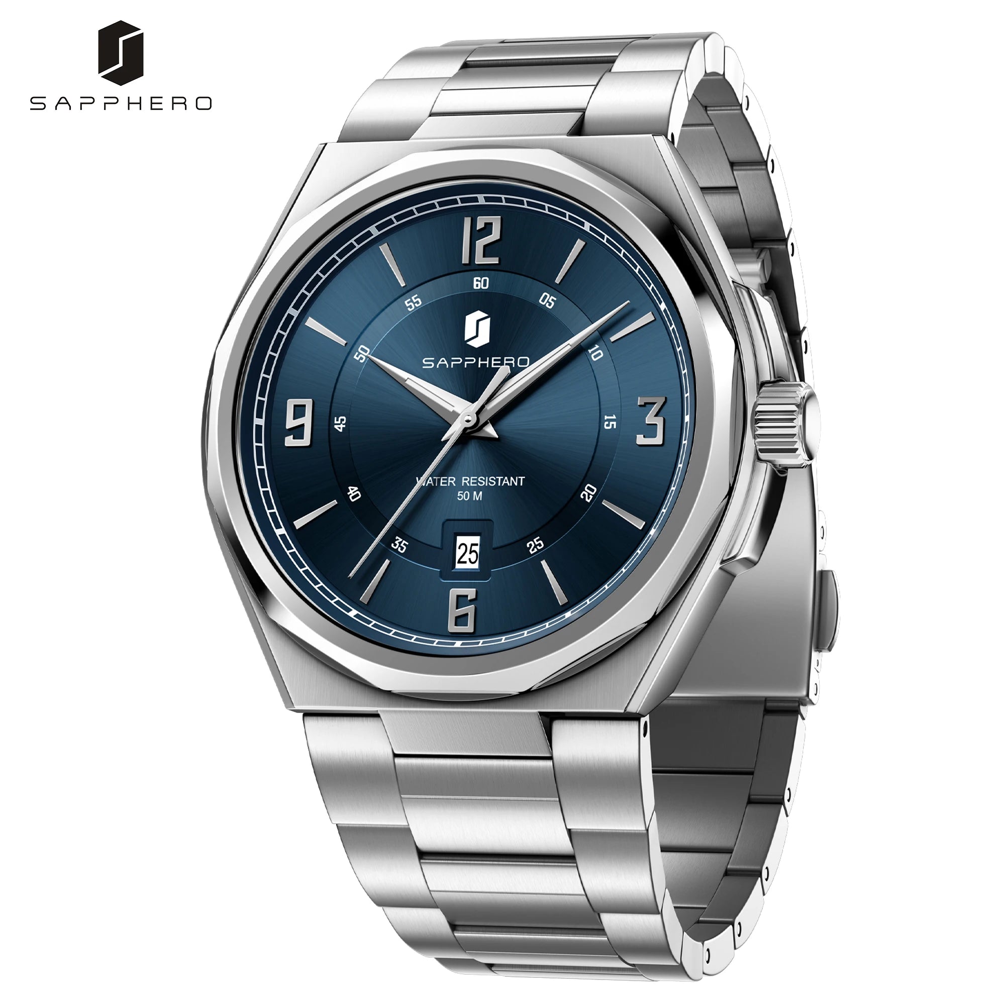 SAPPHERO Men Quartz Watch Luxury Stainless Steel Strap 5ATM Waterproof Hardlex Crystal Business Elegant Dress Wristwatch Gift mbzr