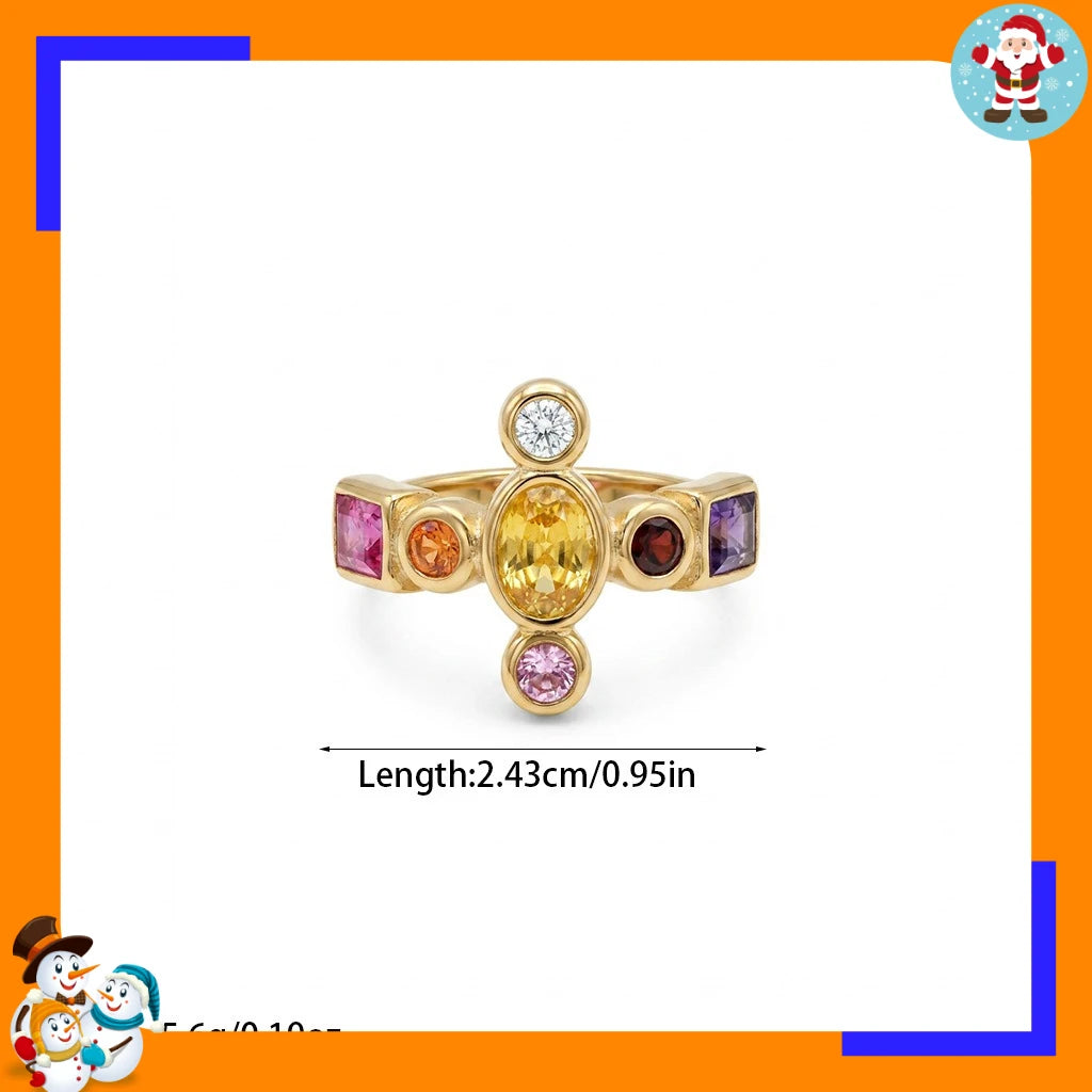 Medieval Retro Cross Colored Treasure Ring Multi-color Splicing Special-shaped Zircon Stainless Steel Ring Court Style