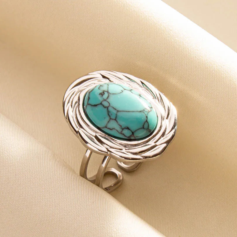 1pc Stainless Steel Boho Turquoise Open Finger Rings Trendy Adjustable Women Multi Layers Stackable