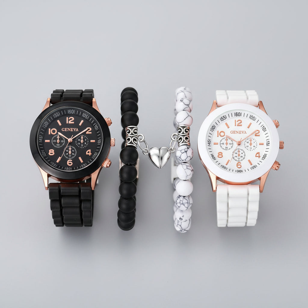 4PCS Couple Watches Fashion Arabic Women Quartz Watch Casual Silicone Band Wristwatches Magnet Heart-Shaped Bracelets Set mbzr