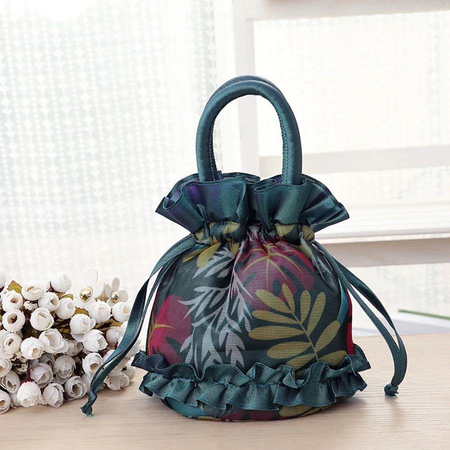 2PCS Fashion Versatile Drawstring Ladies Handbag Flower Dinner Bag Handle Bucket Bag Portable Cell Phone Bag Coin Purse