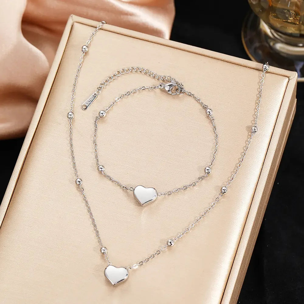 Stainless Steel Stereoscopic Heart Pendant Necklace Bracelet Jewelry Set Simple Fashion Commuter For Women Jewelry Gift