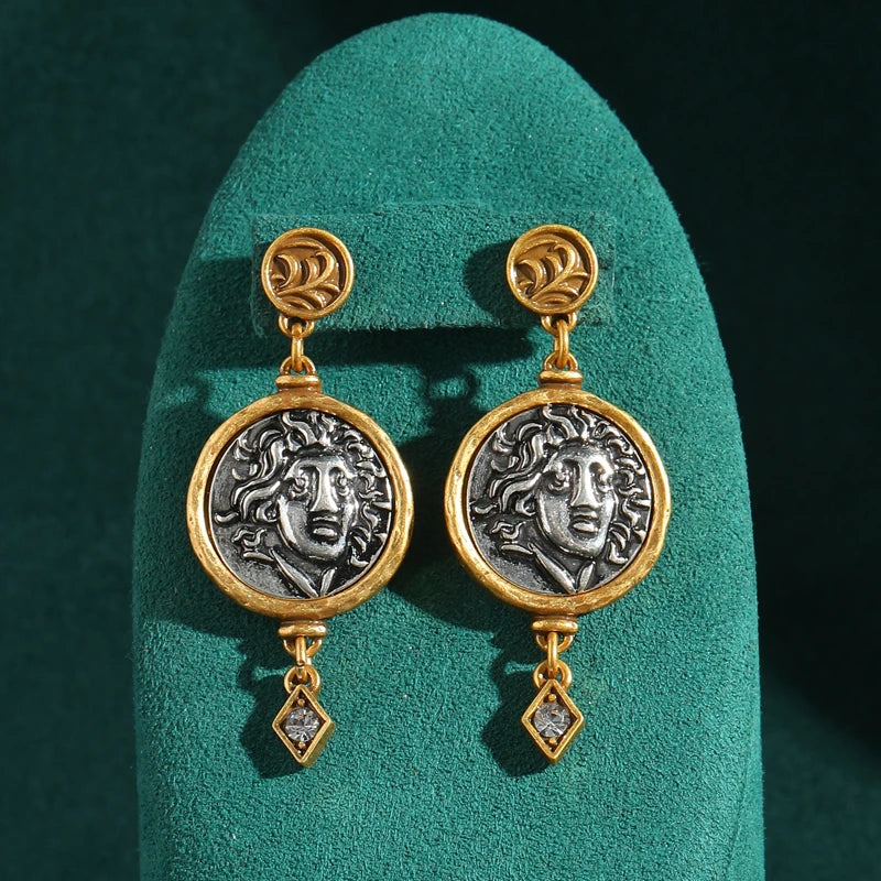 Vintage Gold Color Crystal Drop Dangle Earrings For Woman Carving Cameo Head Coin Antique Jewelry Luxury Designer Retro Accessories 2026
