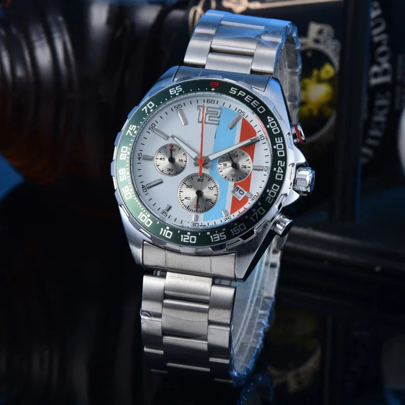 Men Racing Sport Quartz Chronograph Watch Stainless Steel Metal Bracelet 3 Sub-Dials Multicolor Dial Optional Tachymeter Bezel Date Calendar Luminous Waterproof Large Dial Business Casual Male Wrist Clock